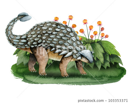 Ankylosaurus dinosaur on green grass with fantasy bushes with flowers landscape watercolor illustration on white 103353371
