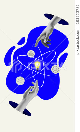 Human hands in working sphere. Light bulb symbzing innovative, creative, successful ideas for company development. Contemporary art collage. 103353782