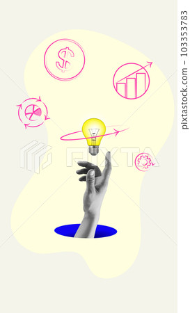 Human hand and light bulb with graphs, finances and mechanism icons. Development of successful project and strategies. Contemporary art collage. 103353783