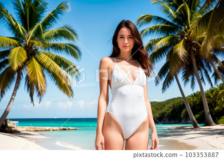 Portrait of a beautiful cute young girl with long dark hair in a one piece white swimsuit on a sunny day on a sea beach with palm trees. Generative AI. 103353887