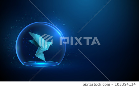 Abstract blue glass dome with paper origami bird. 103354134