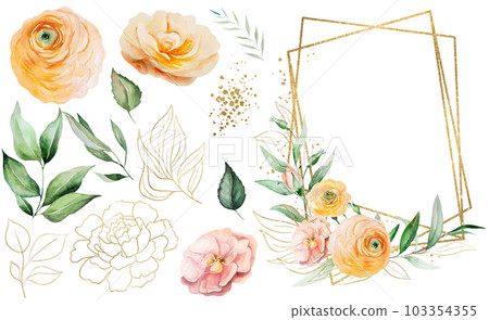 Frame with orange and yellow watercolor flowers and green leaves, single elements, illustration Frame with orange and yellow watercolor flowers and green leaves, single elements, illustration 103354355