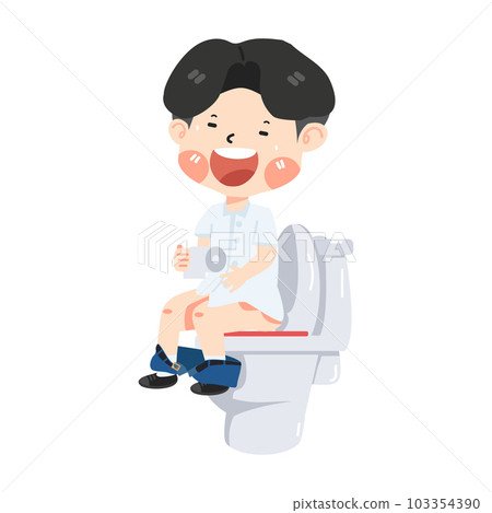 Cute boy child sitting on toilet with paper roll in hand Cute boy child sitting on toilet with paper roll in hand 103354390
