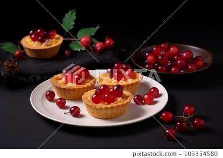 pastries with cream and decorated with blueberry on white plate at dark background pastries with cream and decorated with blueberry on white plate at dark background 103354580