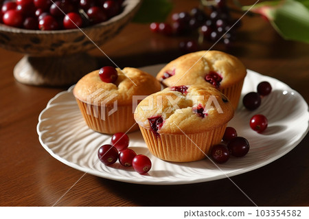 on table plate with muffins and vase with blueberries 103354582