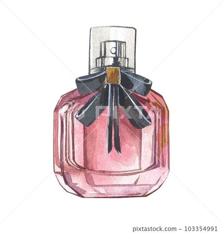 Pink glass perfume bottle with black bow isolated on white background. Watercolor hand draw illustration. Art for design Pink glass perfume bottle with black bow isolated on white background. Watercolor hand draw illustration. Art for design 103354991