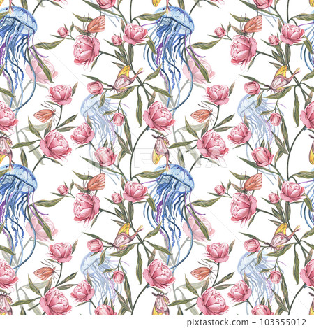 Seamless pattern jellyfish, butterfly, pink peony isolated on white. Watercolor hand drawn illustration. Art for design Seamless pattern jellyfish, butterfly, pink peony isolated on white. Watercolor hand drawn illustration. Art for design 103355012