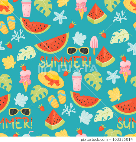 Summer seamless pattern. Tropical endless background with watermelons, ice cream, seashells and beach slippers on emerald background. Vector illustration in flat cartoon style. Summer seamless pattern. Tropical endless background with watermelons, ice cream, seashells and beach slippers on emerald background. Vector illustration in flat cartoon style. 103355014