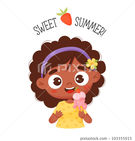 Happy black ethnic girl with ice cream. Vector illustration in cartoon style. Postcard sweet summer Happy black ethnic girl with ice cream. Vector illustration in cartoon style. Postcard sweet summer 103355015