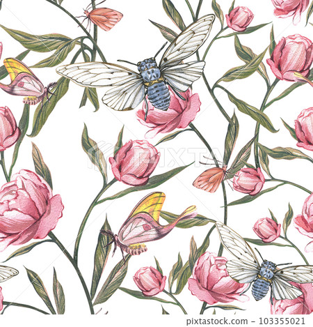 Seamless pattern butterfly, cicada, peony isolated on white background. Watercolor hand drawn illustration. Art design Seamless pattern butterfly, cicada, peony isolated on white background. Watercolor hand drawn illustration. Art design 103355021