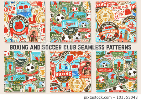 Boxing and Soccer club seamless pattern. Vector. For football club background with boxer, boxing gloves, boxing shoes, soccer, football player, goalkeeper and gate. Boxing, soccer sport pattern Boxing and Soccer club seamless pattern. Vector. For football club background with boxer, boxing gloves, boxing shoes, soccer, football player, goalkeeper and gate. Boxing, soccer sport pattern 103355048