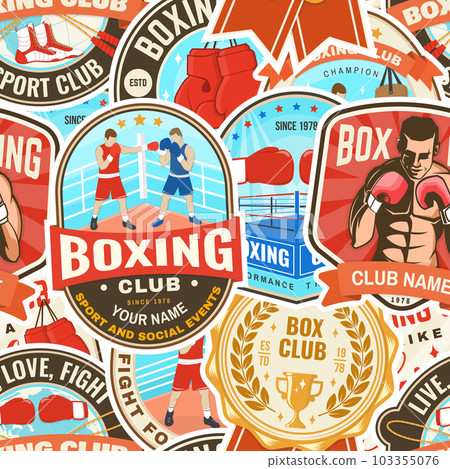 Boxing club seamless pattern. Vector illustration. Background with Boxing sport club emblem, sign, patch. Concept for background or wallpaper with Boxer, gloves, boxing jump rope and shoes silhouette. Boxing club seamless pattern. Vector illustration. Background with Boxing sport club emblem, sign, patch. Concept for background or wallpaper with Boxer, gloves, boxing jump rope and shoes silhouette. 103355076