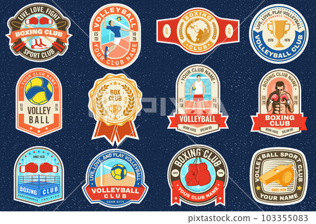 Set of Volleyball club and Boxing club badge, logo, patch design. Vector. Vintage retro patch, label, sticker with volleyball ball, player, jump rope, boxing gloves and boxing shoes silhouette. 103355083