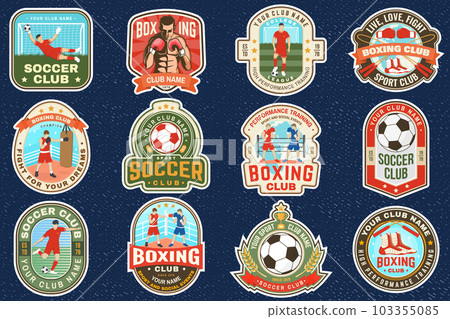 Set of soccer, football club and Boxing club badge, logo, patch design. Vector. Vintage retro patch, label, sticker with soccer and football player, jump rope, boxing gloves and boxing shoes 103355085