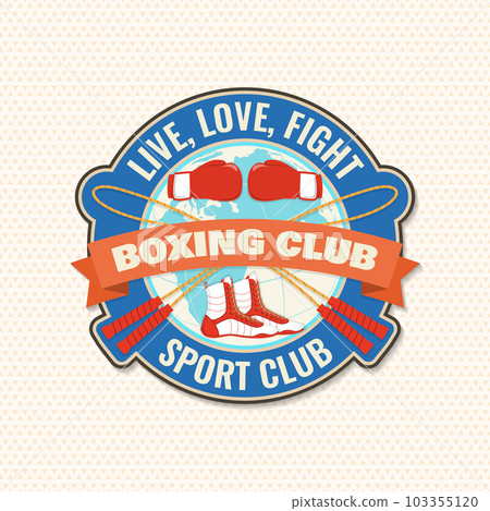 Boxing club badge, logo, patch design. Vector. For Boxing sport club emblem, sign, patch, shirt, template. Vintage retro patch, label, sticker with with boxing gloves, jump rope, shoes silhouette. Boxing club badge, logo, patch design. Vector. For Boxing sport club emblem, sign, patch, shirt, template. Vintage retro patch, label, sticker with with boxing gloves, jump rope, shoes silhouette. 103355120