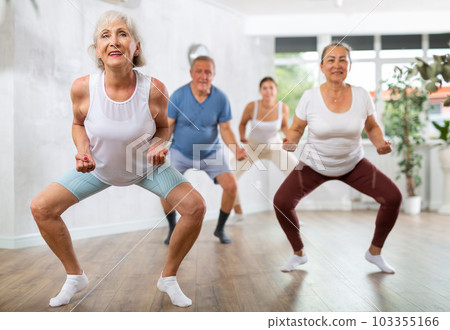 Group of happy mature sports women and man in activewear exercising dynamic dancing movemens in gym studio Group of happy mature sports women and man in activewear exercising dynamic dancing movemens in gym studio 103355166