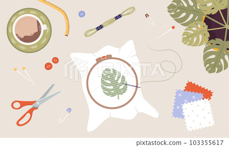 Embroidery process. Workshop, needlework and knitting. Needle and thread. Top view of the workplace. Tailor shop elements. Hand drawn vector illustration in flat cartoon style 103355617