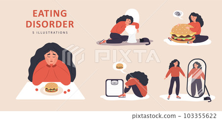 Eating disorder. Sad woman worries about being overweight. Overeating, bulimia, anorexia. Food addiction concept. Rejection of yourself. Set of vector illustrations in flat cartoon style 103355622