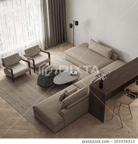 Top view of livingroom interior with large modular sofa, two armchairs, black lamp and kitchen island. Concept of place for meeting with panoramic window. 3d rendering. High quality 3d illustration Top view of livingroom interior with large modular sofa, two armchairs, black lamp and kitchen island. Concept of place for meeting with panoramic window. 3d rendering. High quality 3d illustration 103356313