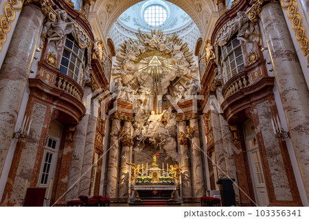 Interior of Karlskirche baroque church in Karlsplatz square in Vienna, Austria Interior of Karlskirche baroque church in Karlsplatz square in Vienna, Austria 103356341