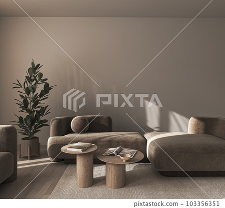 Creative modern minimalist dark interior living room with sunlight and green tree. Front view. 3d rendering mock up. High quality 3d illustration Creative modern minimalist dark interior living room with sunlight and green tree. Front view. 3d rendering mock up. High quality 3d illustration 103356351
