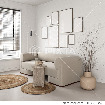 Various picture frames on wall in modern livingroom. Mock up interior in contemporary scandinavian style. Free, copy space for picture. Group of frames. 3D rendering. High quality 3d illustration 103356352