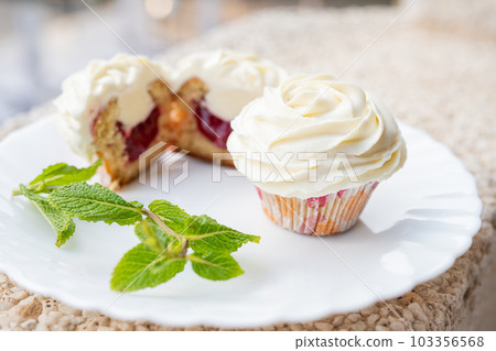 Cupcake with sprig of mint on a white plate. 103356568
