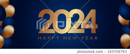 Happy New Year 2024 Elegant gold text with balloons and confetti. Realistic vector illustration Happy New Year 2024 Elegant gold text with balloons and confetti. Realistic vector illustration 103356763