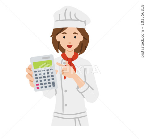 A woman who is a cook standing and holding a calculator and showing it to us 103356819