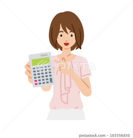 一個隨便的辦公室女人站著拿著計算器 一個隨便的辦公室女人站著拿著計算器 103356850