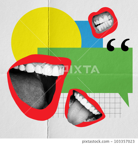Many female mouths talkig, shouting symbolzing communication and quotation. Contemporary art collage. Many female mouths talkig, shouting symbolzing communication and quotation. Contemporary art collage. 103357023