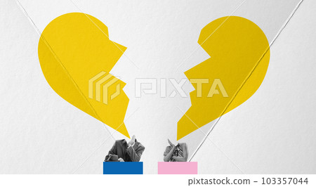 Disagreement. Man and woman with broken heart image. No connection,, misunderstanding. Contemporary art collage. 103357044