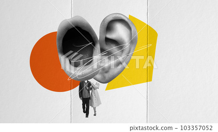 Young couple in retro style clothes walking on a date, woman whispering secrets and rumors to man, discussion of life. Contemporary art collage. Young couple in retro style clothes walking on a date, woman whispering secrets and rumors to man, discussion of life. Contemporary art collage. 103357052