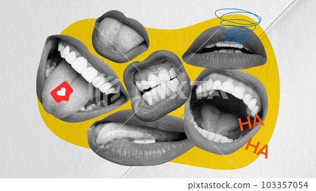 Many female mouths laughing, talking, spreading rumors. Social and mass media influence, propaganda. Contemporary art collage. Many female mouths laughing, talking, spreading rumors. Social and mass media influence, propaganda. Contemporary art collage. 103357054