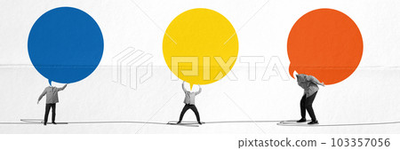 Man with giant speech bubbles with empty space for text over light background. Banner. Contemporary art collage. Man with giant speech bubbles with empty space for text over light background. Banner. Contemporary art collage. 103357056