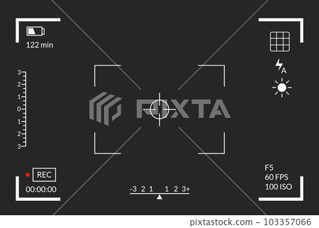 Viewfinder video recording. Camera focusing screen. Black screen camera with video shooting parameters, video quality indicators. Digital zoom recording for modern bloggers, vector illustration 103357066