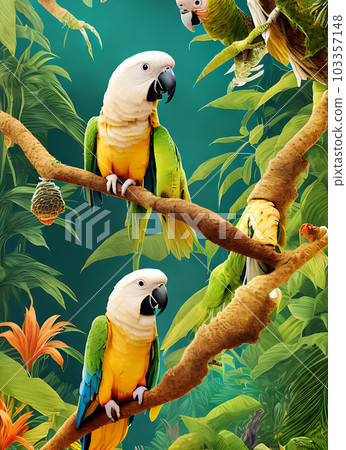Tropical papercut with golden cockatoo parrot. 103357148