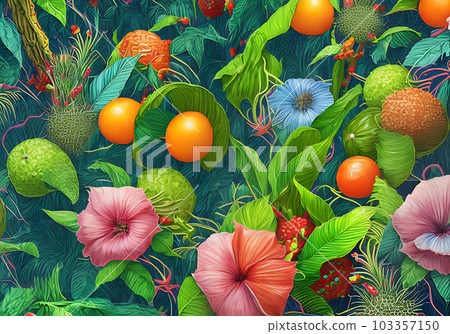 3D neon pattern featuring tropical flora. 103357150