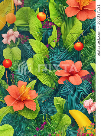 3D neon pattern featuring tropical flora. 103357151
