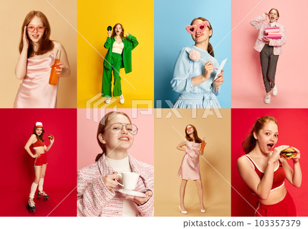 Collage with happy young charming girl with redhead doing different activities sport, hobby, education, leisure time in contrasting fashion style 103357379