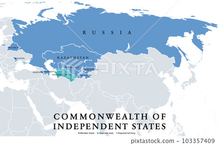 Commonwealth of Independent States (CIS), political map. Regional intergovernmental organization in Eurasia, formed following the dissolution of the Soviet Union. Nine member states and one associate. 103357409
