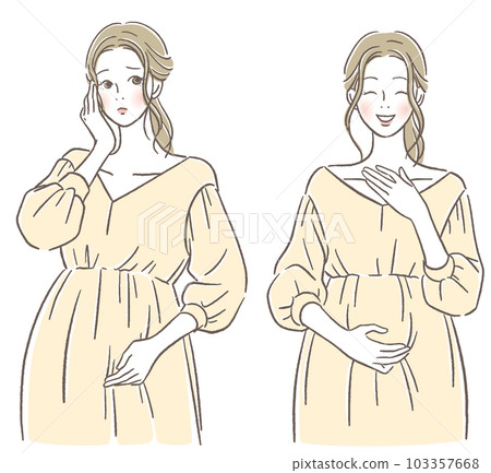 A pregnant woman with a troubled face and a smiling face 103357668