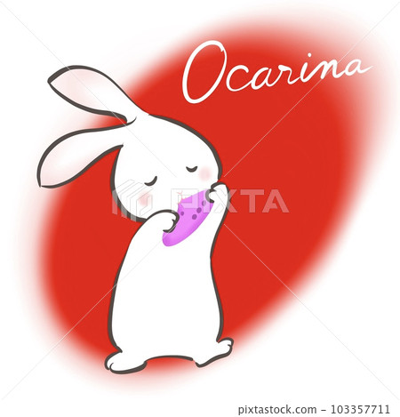 Illustration of a rabbit happily blowing an ocarina 103357711
