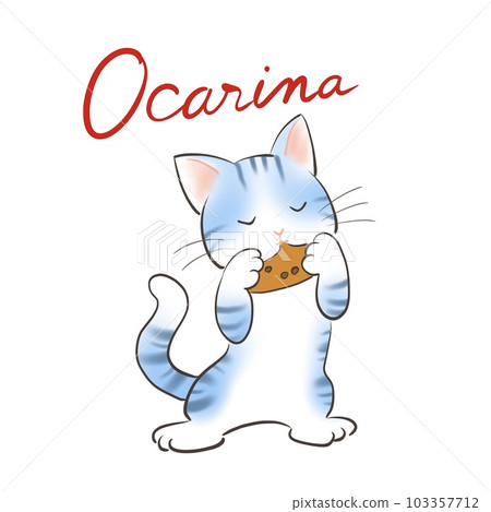 Illustration of a cat happily blowing an ocarina 103357712