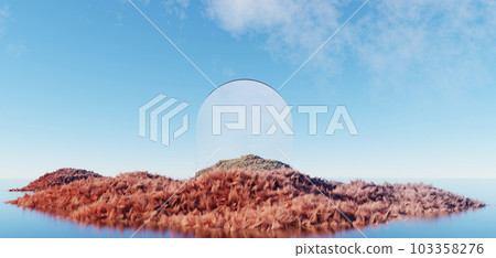 3d render Surreal green shaggy surface Grassland mountain landscape background in minimal concept, abstract fantastic dune, panoramic, futuristic beauty meadow. copy space, blue sky and cloudy 103358276