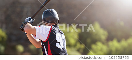 Baseball players in action on the stadium, baseball batter waiting to strike the ball Baseball players in action on the stadium, baseball batter waiting to strike the ball 103358763