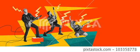 Rock and roll music band. Men and girl playing electric guitar against vivid background. Contemporary art collage. 103358778