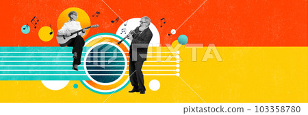 Senior man and woman playing music instruments against colorful background. Contemporary art collage. 103358780