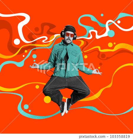 Man listening to music in headphones and enjoying song. Hip hop vibes, Vivid background. Contemporary art collage. Man listening to music in headphones and enjoying song. Hip hop vibes, Vivid background. Contemporary art collage. 103358819
