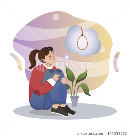 Suicide illustration. Girl, flower, loop. Editable vector graphic design. Suicide illustration. Girl, flower, loop. Editable vector graphic design. 103358862